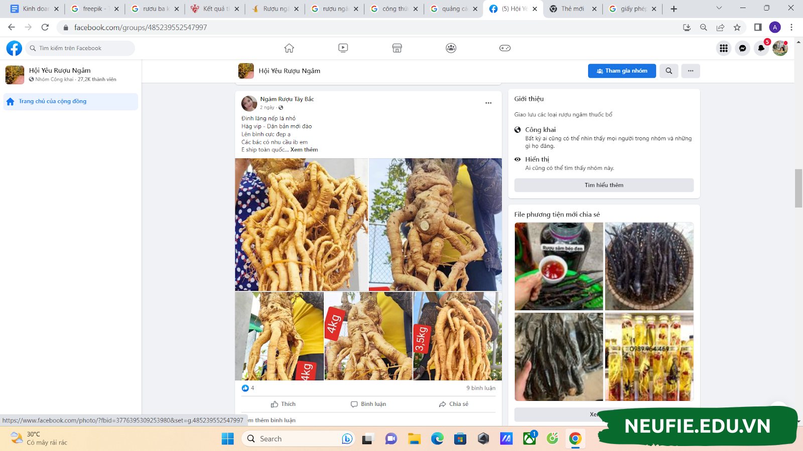 Đăng bài trên hội nhóm về rượu ngâm trên Facebook để quảng bá sản phẩm